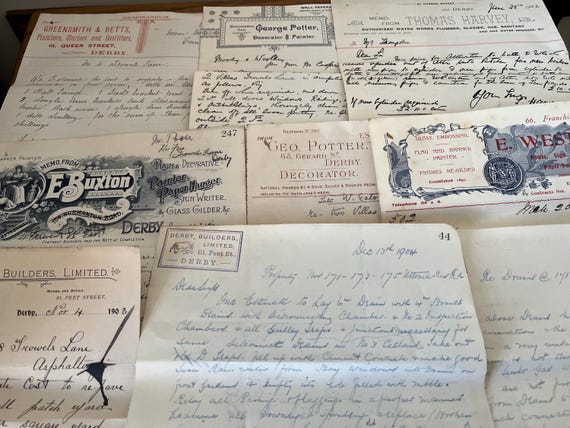 Collection Of Vintage Job Pricing Letterheads dated 1902/05 Builder, Plumbers, Painter & Decorators, Handwritten.