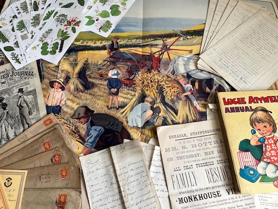 Vintage Mixed Ephemera, Large Rare 1929 Child Education Fold Out Autumn Picture, Ledger Pages, Tree Images Ideal For Craft use And More.
