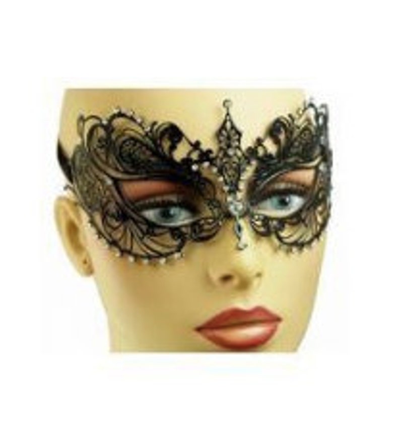 Venetian Metal Black Laser-Cut Masquerade Mask with Rhinestones