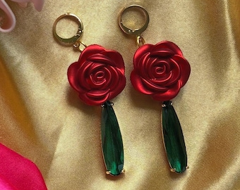 Brincos de vidro: Joias com pingente de rosa e cristal