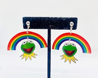 Kermit the Frog Earrings, Rainbow, Pride, Rainbow connection, Muppet Earrings
