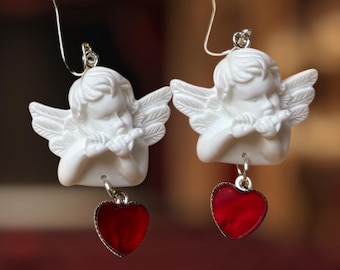 Brincos de resina: Joias de querubim, brincos de coração vermelho