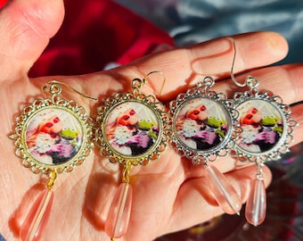 Boucles d'oreilles Miss Piggy et Kermit : bijoux en argent sterling et en résine