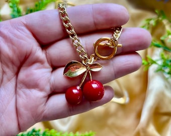 Cherry Toggle Necklace, Summer necklace, chunky necklace fruit jewelry