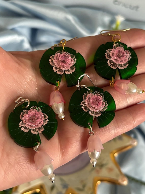 Handmade Acrylic Lily Pad Earrings: Lotus Flower Jewelry