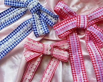 Laço de cabelo xadrez vichy: fita longa feita à mão