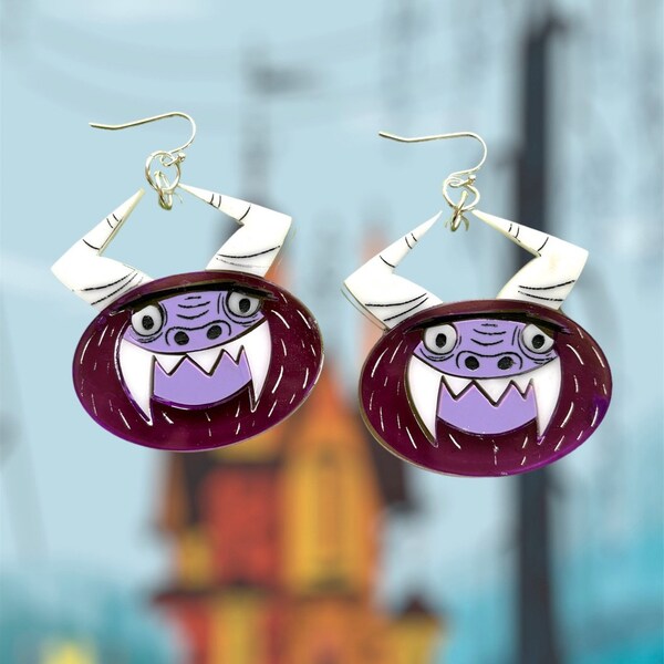 Cartoon earrings: Acrylic jewelry, fosters home for imaginary friends