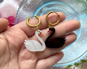 Black and White Swan Earrings: Hand-Painted Acrylic Huggie Hoops