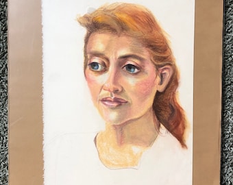 Vintage Original PASTEL PORTRAIT Of Young WOMAN With Large Haunting Blue Eyes