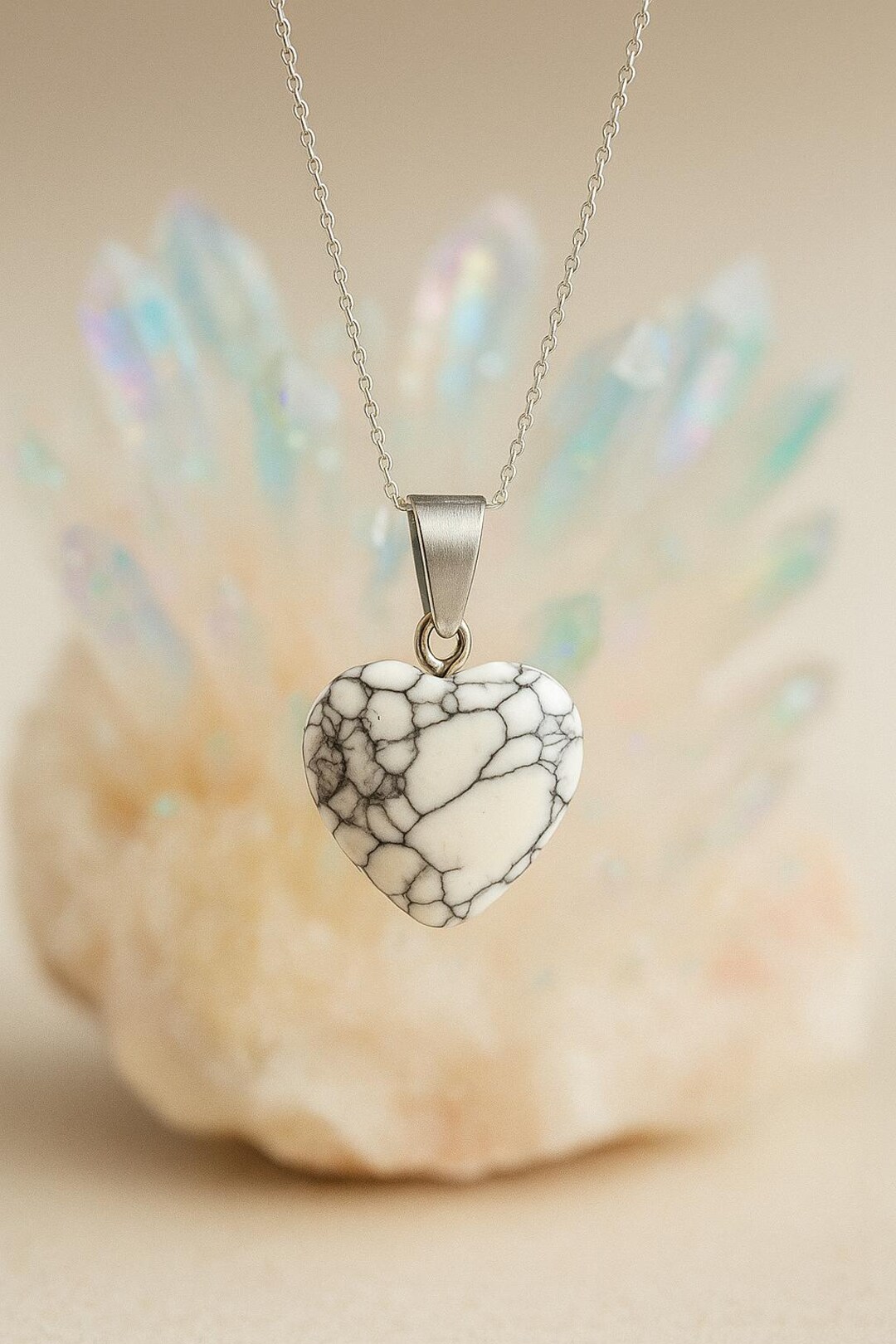 Howlite Heart Crystal Necklace – Calming & Peace – Silver Chain – Free ...