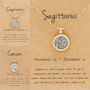 Colar de cristal do zodíaco celestial com cartão de significado e signo estelar