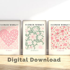 Flower Market Print Set of 3 Floral Decor Posters Pastel Room Decor Over Bed Wall Decor Heart Boho Nursery Print Pink Wall Art Abstract