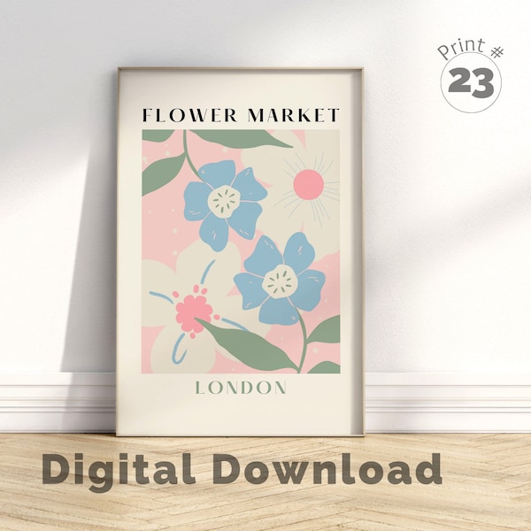 Flower Market Print, Digital Prints Flower Market, Pink Blue Green Wall Art, London, Flower Market Poster, Floral Art, Wall Decor Pastel