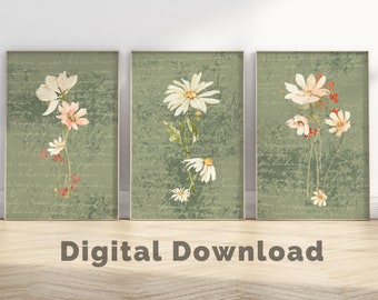 Sage Green Botanical Digital Prints | Set of 3 Botanical Wall Art Prints | Wildflower botanical Prints | Large Scale Print | Floral Wall Art