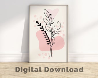 Blush Pink Botanical Print | Pink Wall Art | Pink Floral Wall Art | Line Art Wildflower | Botanical Line Art