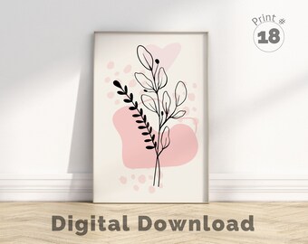 Blush Pink Botanical Print | Pink Wall Art | Pink Floral Wall Art | Line Art Wildflower | Botanical Line Art