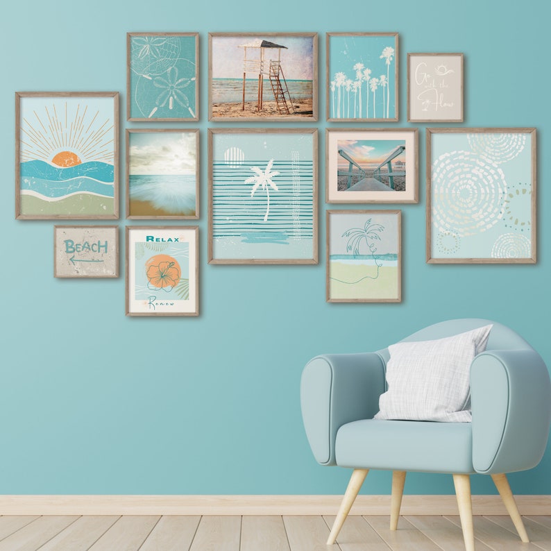 Coastal Wall Art Set of 12 Boho Beach Gallery Wall Coastal Prints Blue