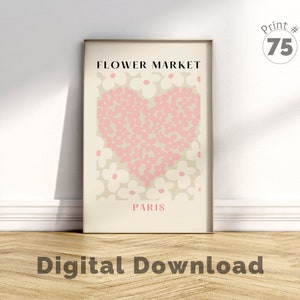 Mercado de flores Arte mural floral rosa de París Póster de flores pastel Impresión digital Arte de corazón floral Decoración de pared Arte mural rosa pastel
