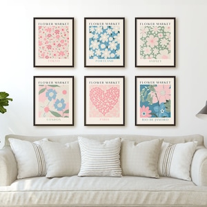 Flower Market Print | Set of 6 | Floral Decor Posters | Gallery Wall Set | Pastel Room Decor | Botanical Wall Art | Blush Pink and Sage