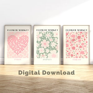 Flower Market Print | Set of 3 | Floral Decor Posters | Pastel Room Decor | Over Bed Wall Decor | Heart Wall Decor