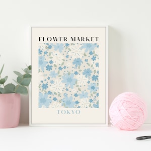 Mercado de flores Impressão única azul para impressão Floral Wall Art, pôster floral, decoração de parede pastel, impressão botânica, arte de flor azul, para impressão
