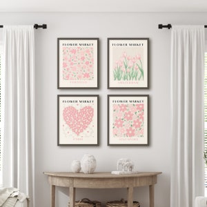 Impresión de mercado de flores, arte de pared rosa, impresiones de tulipanes, carteles rosas, decoración de habitación rosa y verde, Ámsterdam, arte de corazón, impresión de pared rosa, rosa claro