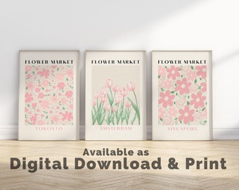 Flower Market Print Pink Tulip Floral Wall Art Pastel Prints Flower Posters Floral Room Decor Set of 3 Prints Flower Market Set Amsterdam