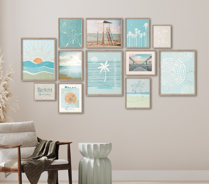 Coastal Wall Art Set of 12 Boho Beach Gallery Wall Coastal Prints Blue