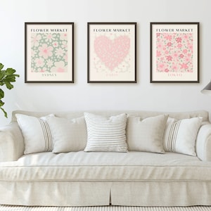 Flower Market Print Set of 3 Pastel Wall Art Pink Wall Prints Over Bed Wall Decor Boho Nursery Decor Pink and Green Flower Market Poster