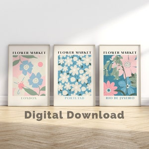 Pink Flower Market Set | Set of 3 | Pink Gallery Wall Set | Pastel Room Decor | Over Bed Wall Decor | Heart Boho Nursery Print | Blue Floral