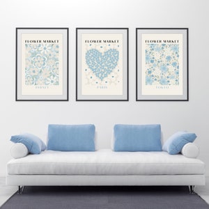 Light Blue Flower Market Print Set of 3 Pastel Wall Art Dusty Blue Wall Prints Over Bed Wall Decor Floral Art Blue Botanical Print Set