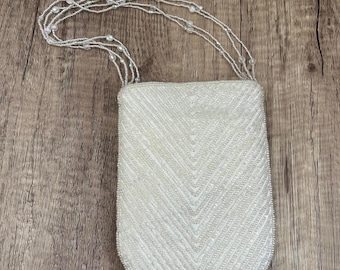 Vintage Ivory Off-White Beaded Evening Bag Crossbody LA Regale