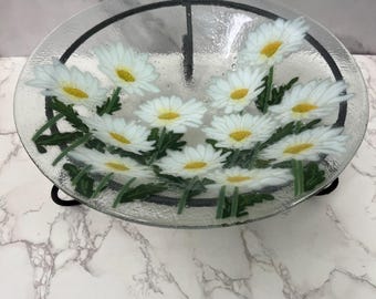 Peggy Karr Fused Glass 13" Daisy Bowl with Metal Stand Floral