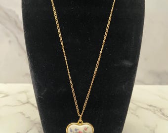 Vintage Lenox Porcelain Heart Pendant with Flowers Roses Pansies and Gold-tone Chain