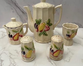 Vintage 1950's Pear Plum Embossed Teapot Tea Pot Salt Pepper Creamer Egg Holder Japan Royal Sealey?