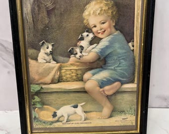 Vintage framed Friends of Our Childhood Picture Annie Benson Muller 1928 Child with Dogs Puppies and Basket