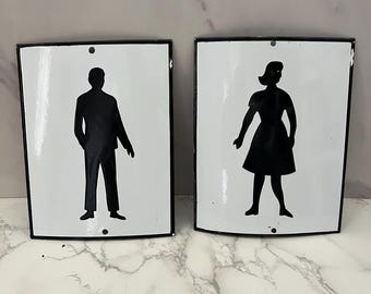 Vintage Metal Enamel Man Woman Bathroom Signs White