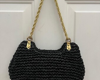Vintage Morris Moskowitz MM Black Crochet Straw Purse with Gold-Tone Chain Strap MCM