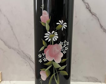 Vintage Tole Painted Toilet Paper Holder Black w/ Pink Roses Detecto