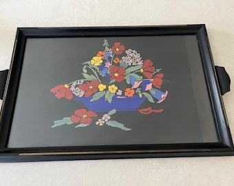 Vintage Black Floral Social Supper Tray Wood and Glass with Handles 1920's American Art Works Coshocton Ohio
