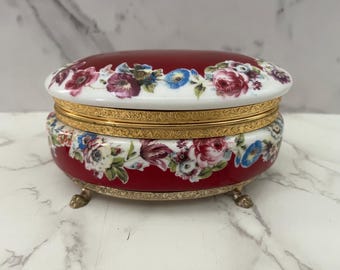 Vintage Ceramiche Alfa Italian Porcelain Trinket Dresser Box with Gold Hinge and Claw Feet