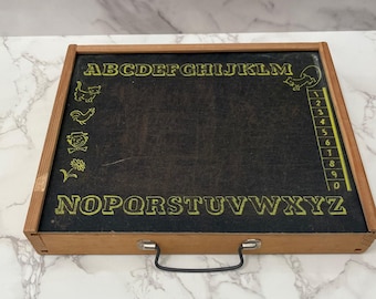 Vintage Children's Wooden Chalkboard Desk Box with Handle and Sliding Lid Peg Board Alphabet Counting School