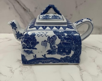 Andrea by Sadek Blue and White Porcelain Square Teapot