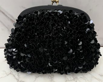 Vintage Black Beaded Sequin Clutch Evening Bag Carla Marchi Purse
