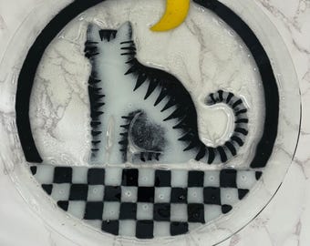 Peggy Karr Fused Art Glass Cat Moon Checkerboard Plate