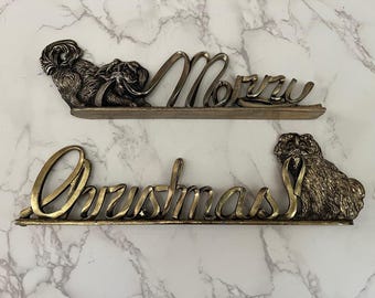 Vintage Metzke Merry Christmas Sign Small Dogs Pulling Ribbon Pewter with Gold Tone Holidays Mantle Decor