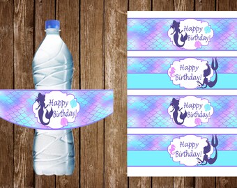 Printable DIY Blue and Pink Little Mermaid Ariel Theme Personalized Happy Birthday Water Bottle Labels
