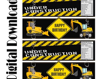 May include: Two printable labels for a party favor or gift. The labels feature a yellow construction vehicle with a black background and yellow and black striped warning tape. The text on the labels reads "Under Construction" and "Happy Birthday".