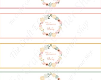 Baby Shower Floral Drink Wrap Labels, Baby Shower Printable Wrap Labels, Baby Shower Girl Water Bottle Labels, Birthday Labels,Floral Shower