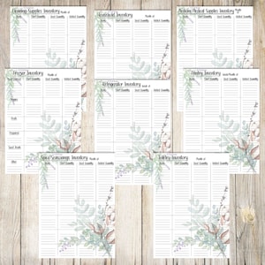 May include: Printable inventory list with a watercolor floral design. The list includes categories for cleaning supplies, household items, freezer, refrigerator, pantry, spice and seasonings, medicine, and toiletries. Each category has columns for item, starting quantity, used quantity, and added quantity.